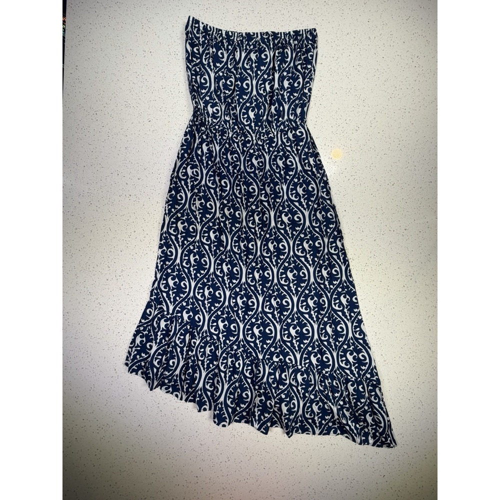 Escada Strapless A-Line Midi Dress Abstract Navy White Size L